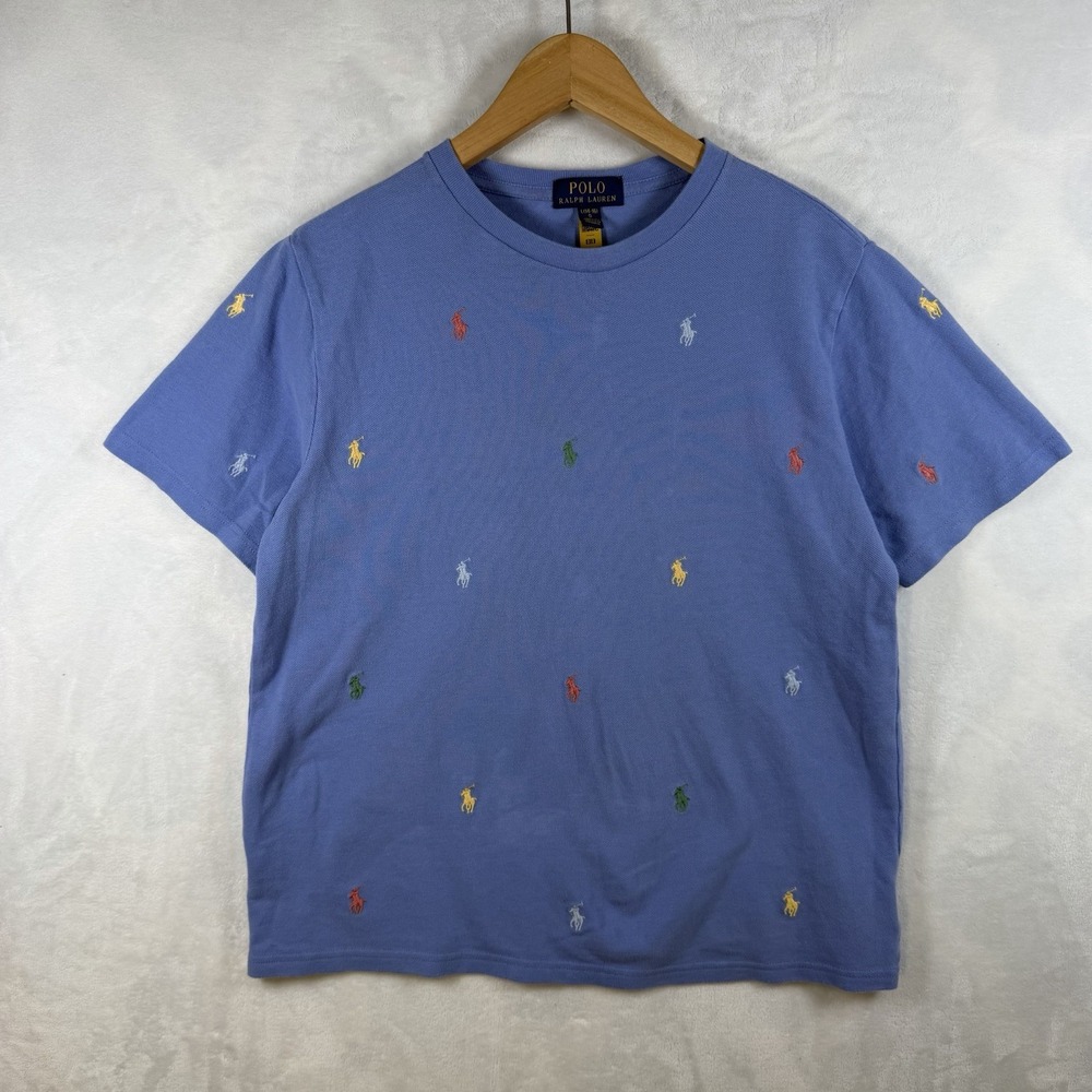 Polo Ralph Lauren T-Shirt Kids L 14-16 Blue Multi-Pony Logo Embroidered